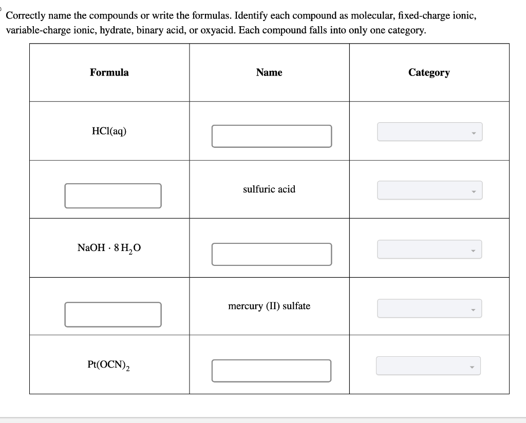  raria Category fixed-charge ionic variable-charge ionic molecular oxyacid binary acid hydrate