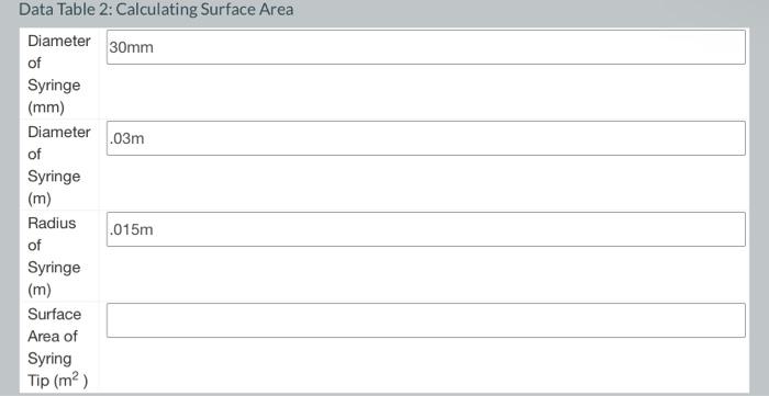 please answer surface area question. thanks! Data Table 2: Calculating Surface Area