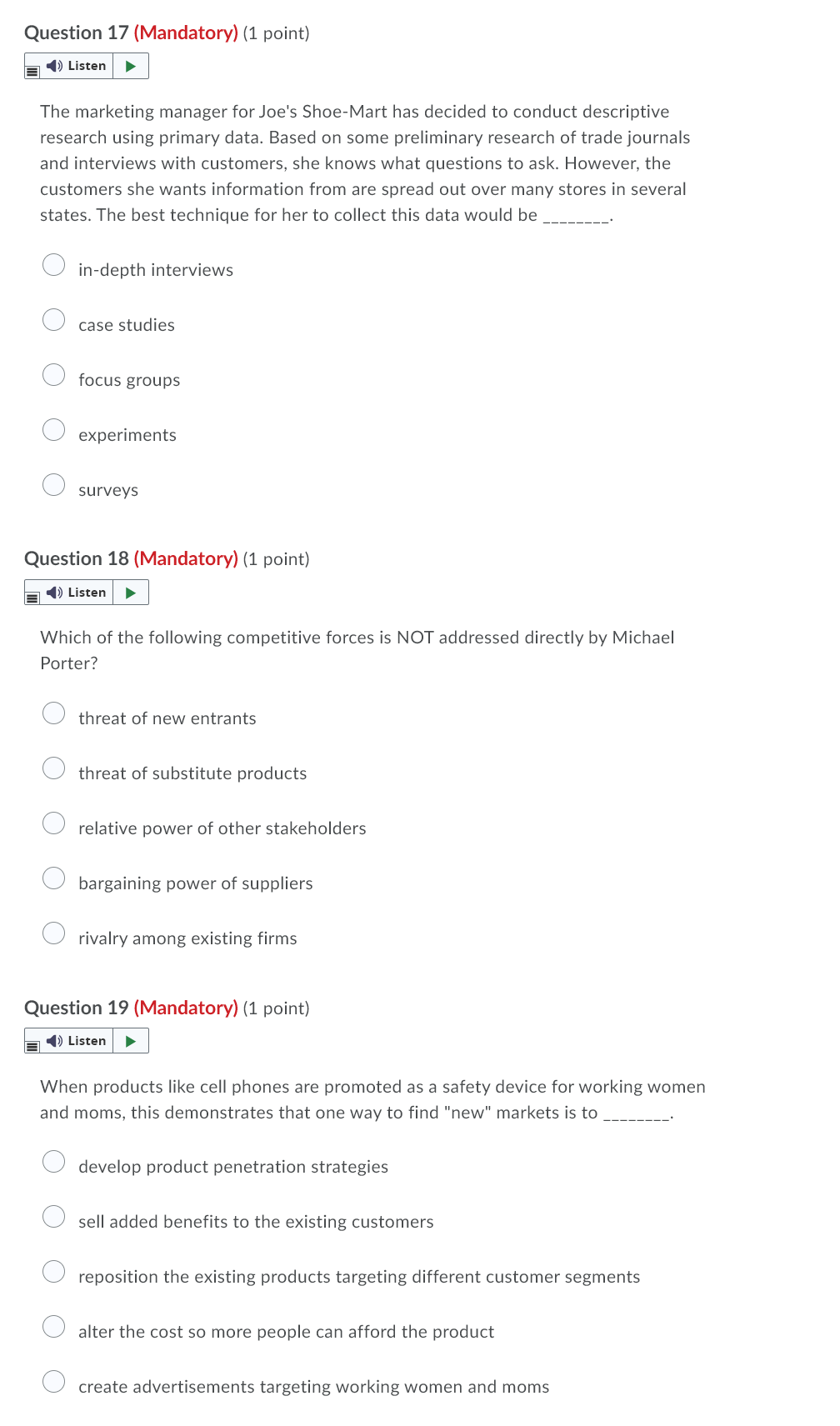 HELP PLEASE Question 17 (Mandatory) (1 point} i 1}) Listen } The