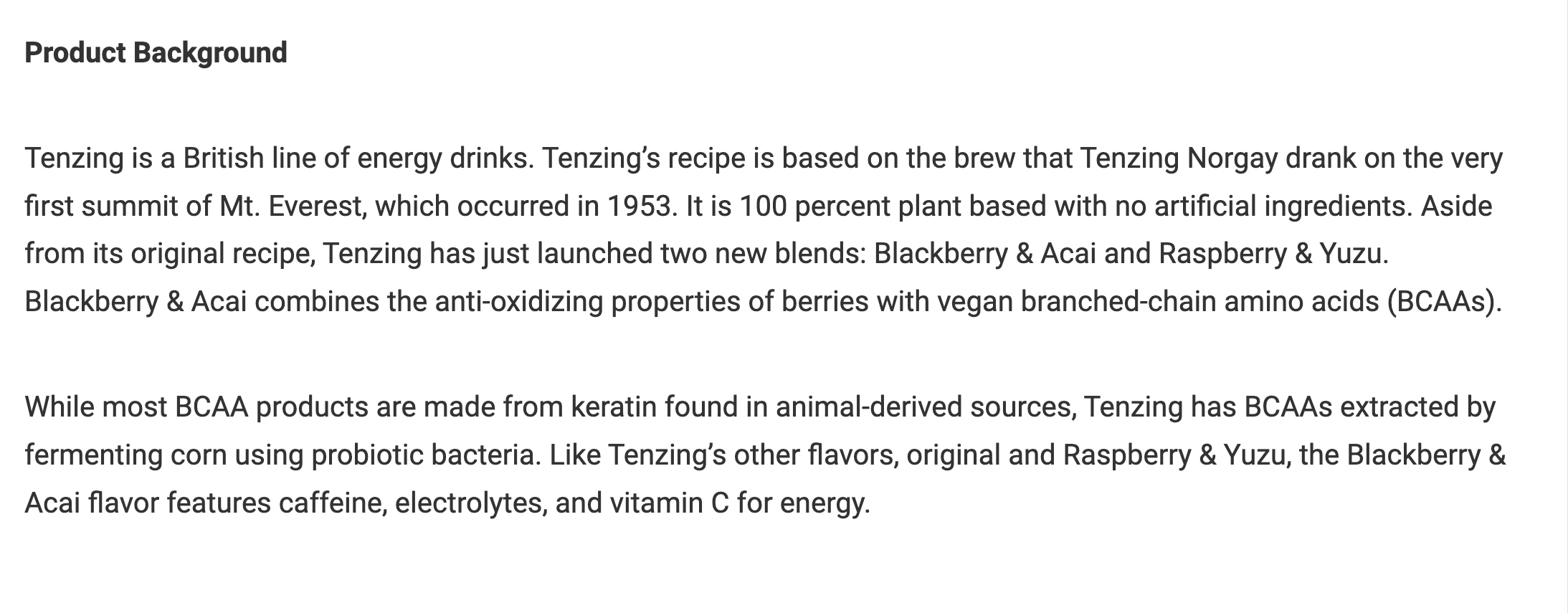 eight assignments that constitute the Tenzing Natural Energy Drink Project. Each assignment