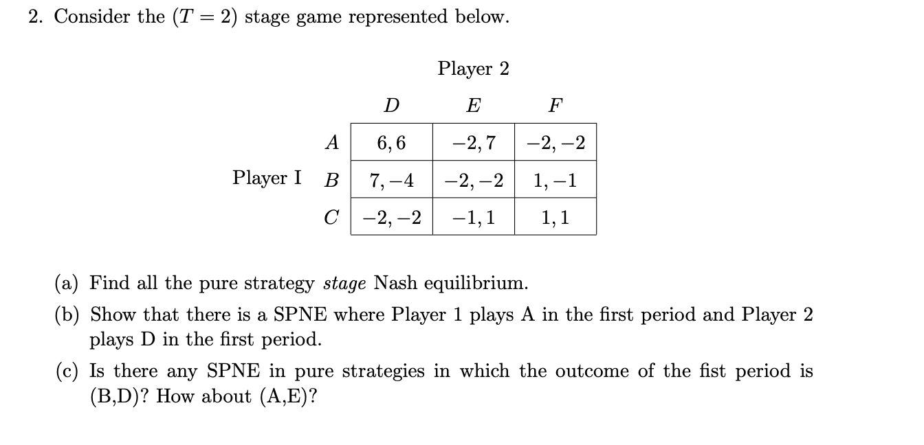  2. Consider the (T = 2) stage game represented below. Player