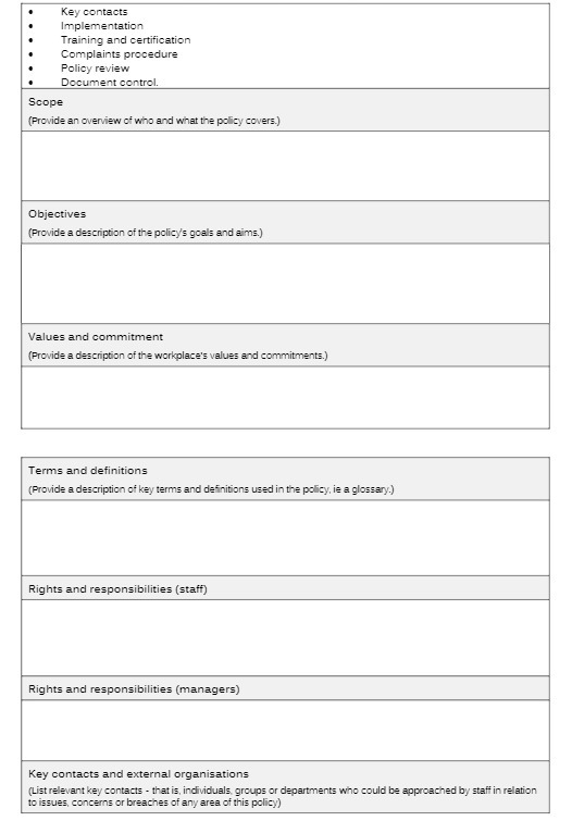 Key contacts Implementation Training and certification Complaints procedure Policy review Document
