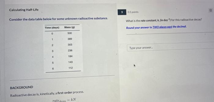  Consider the data table below for some unknown radioactive substance. What