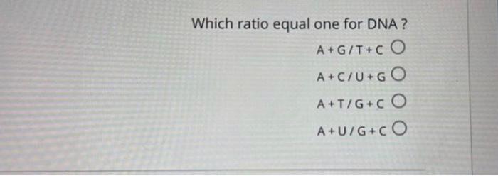help.. Which ratio equal one for DNA? A+G/T+CA+C/U+GA+T/G+CA+U/G+C
