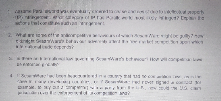 it's a case study 1, Assume Parallelworld was eventually ordered to cease