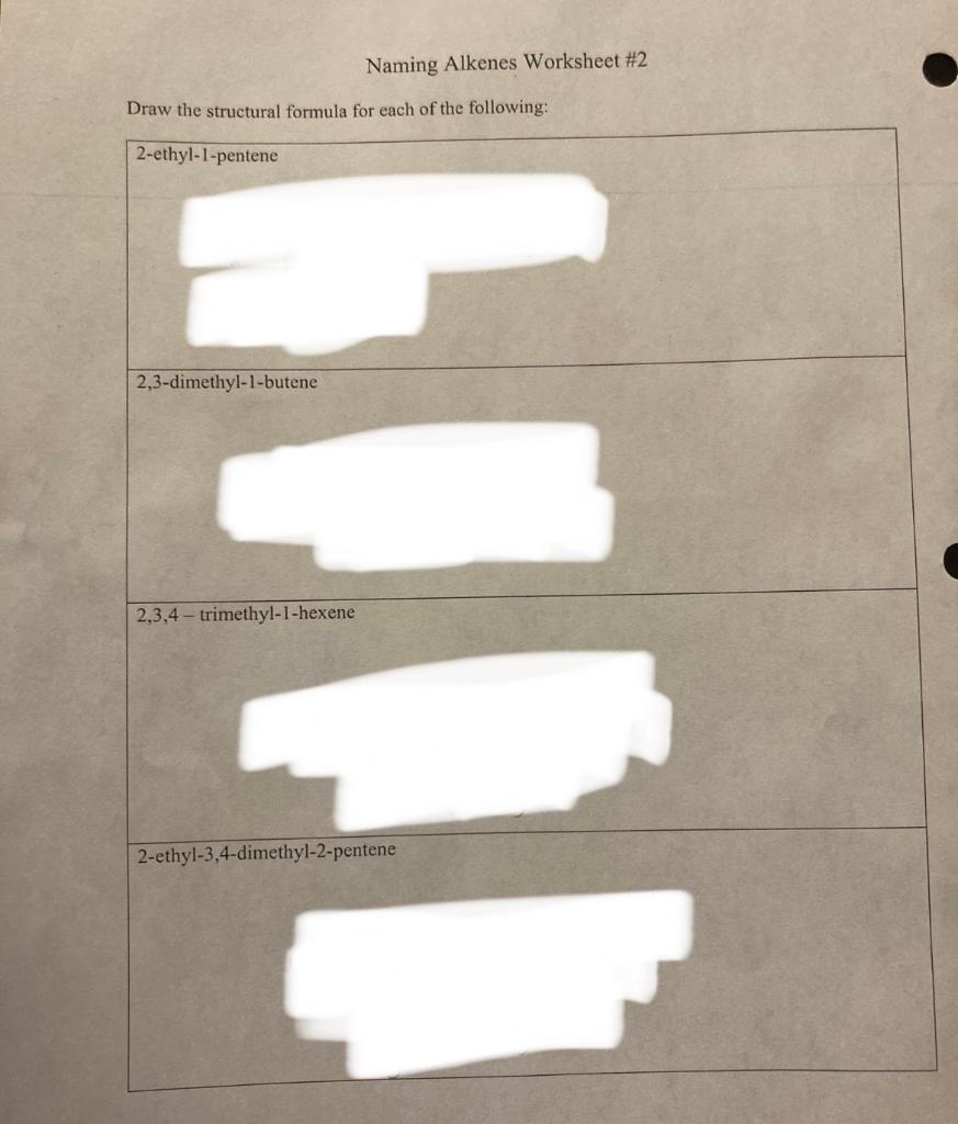  Naming Alkenes Worksheet \#2 Draw the structural formula for each of