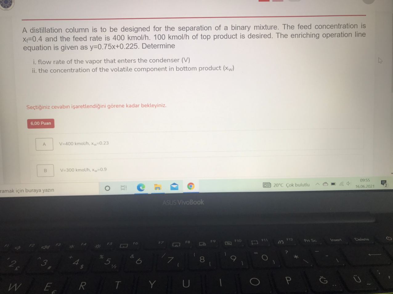 A distillation column is to be designed for the separation of