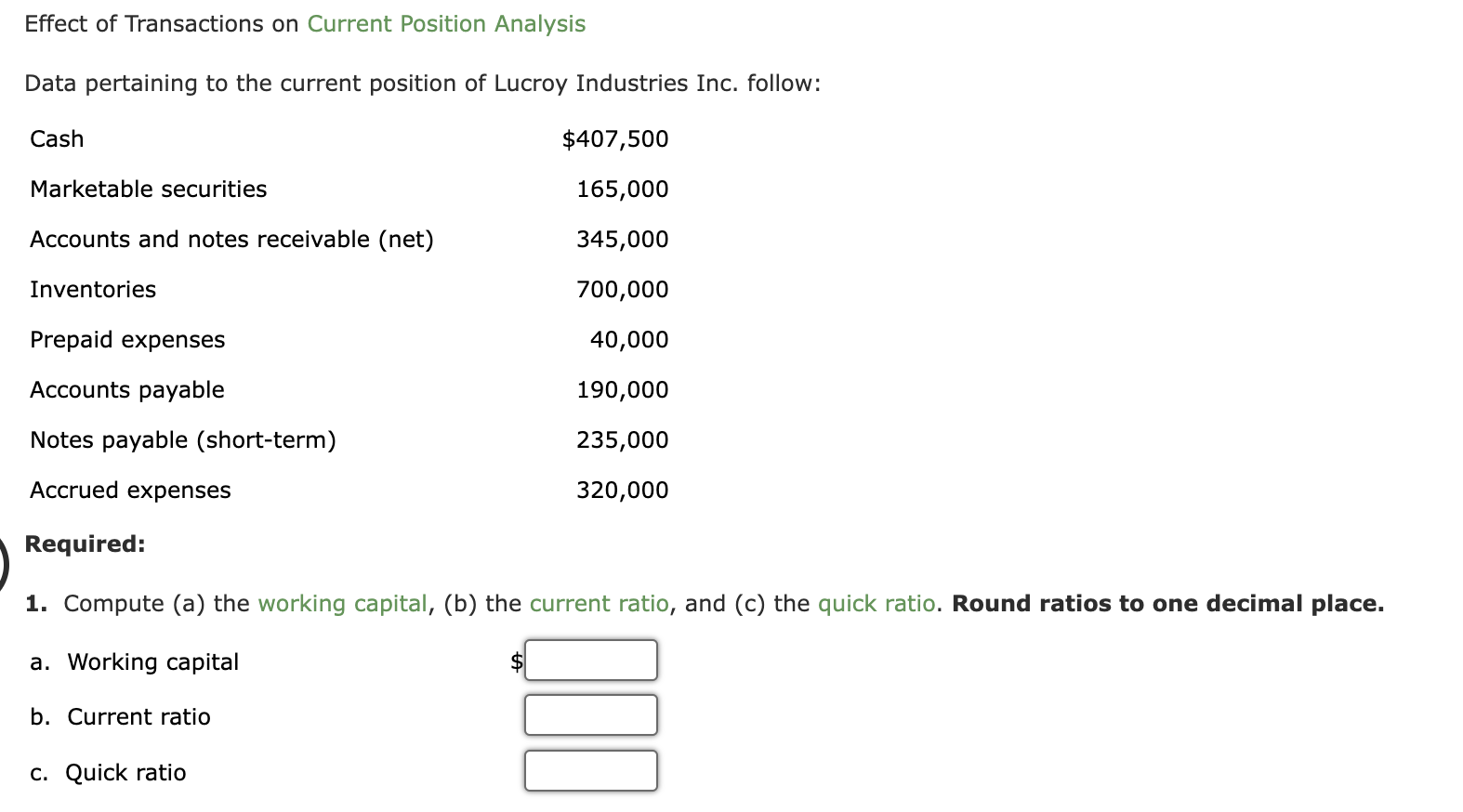  Effect of Transactions on Current Position Analysis Data pertaining to the