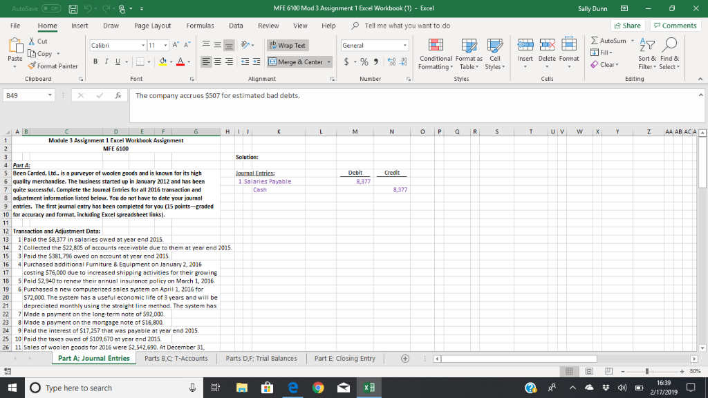 Please do the T-accounts in excel format MFE 6100 Mod 3 Assignment