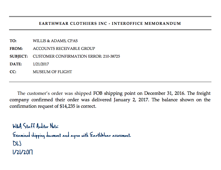 receivable for the 2016 audit of EarthWear Clothiers, Inc. The principal test