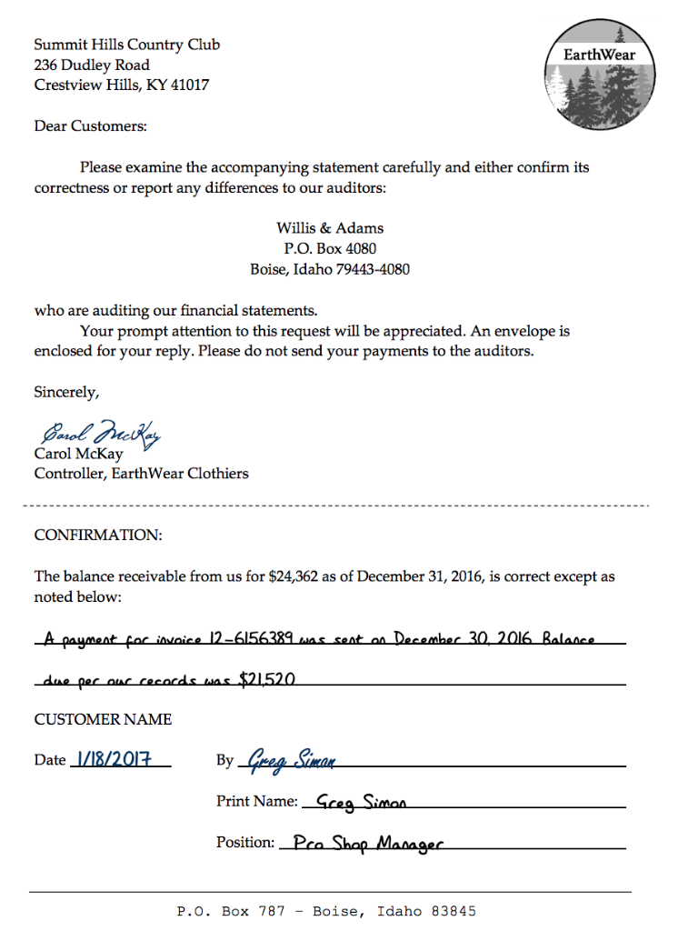 of detail involves sending "confirmations" or letters to customers so that they