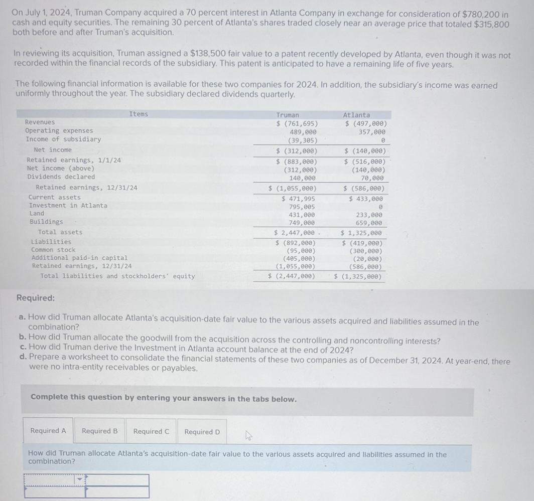  On July 1,2024, Truman Company acquired a 70 percent interest in