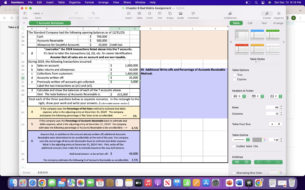 Numbers File Edit Insert Table Organize Format Arrange View Share Take a