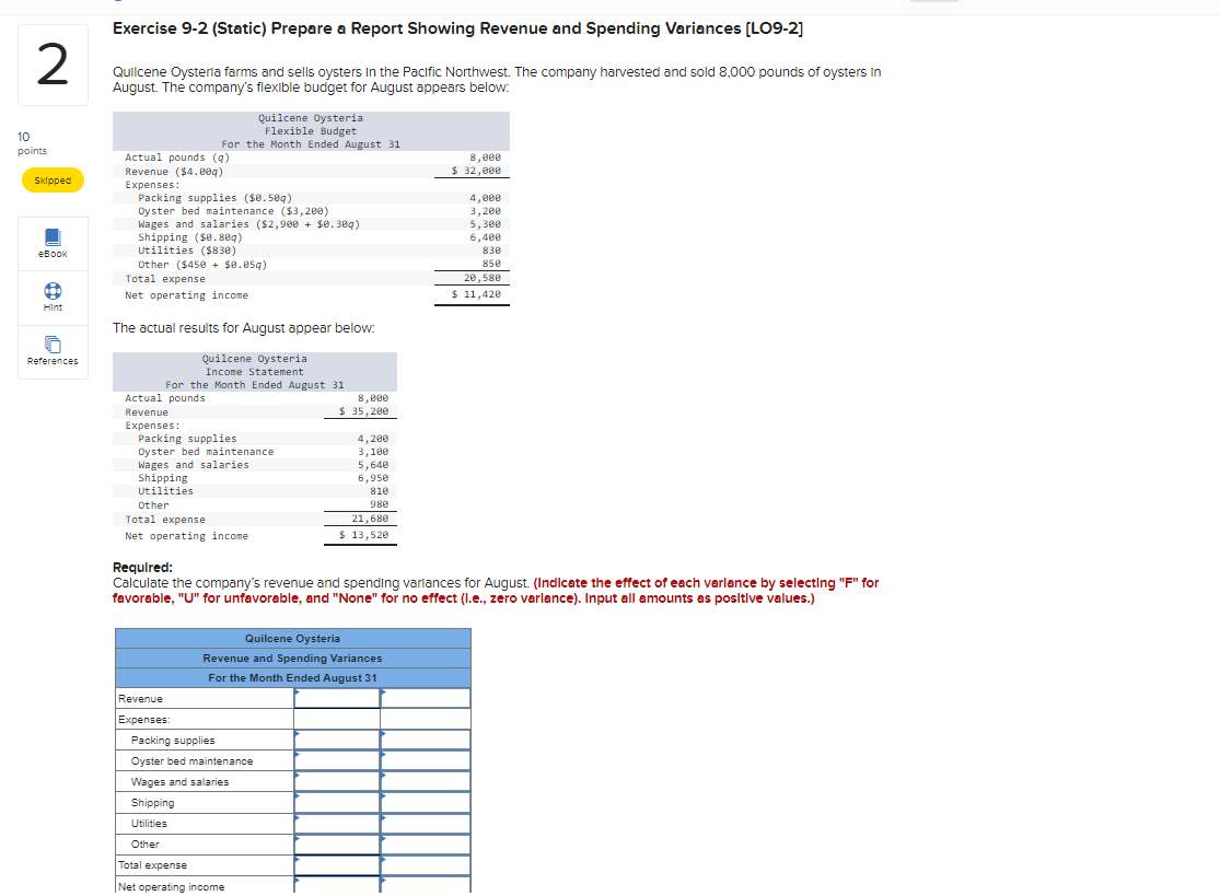  Exercise 9-2(Static) Prepare a Report Showing Revenue and Spending Variances [LO9-2]