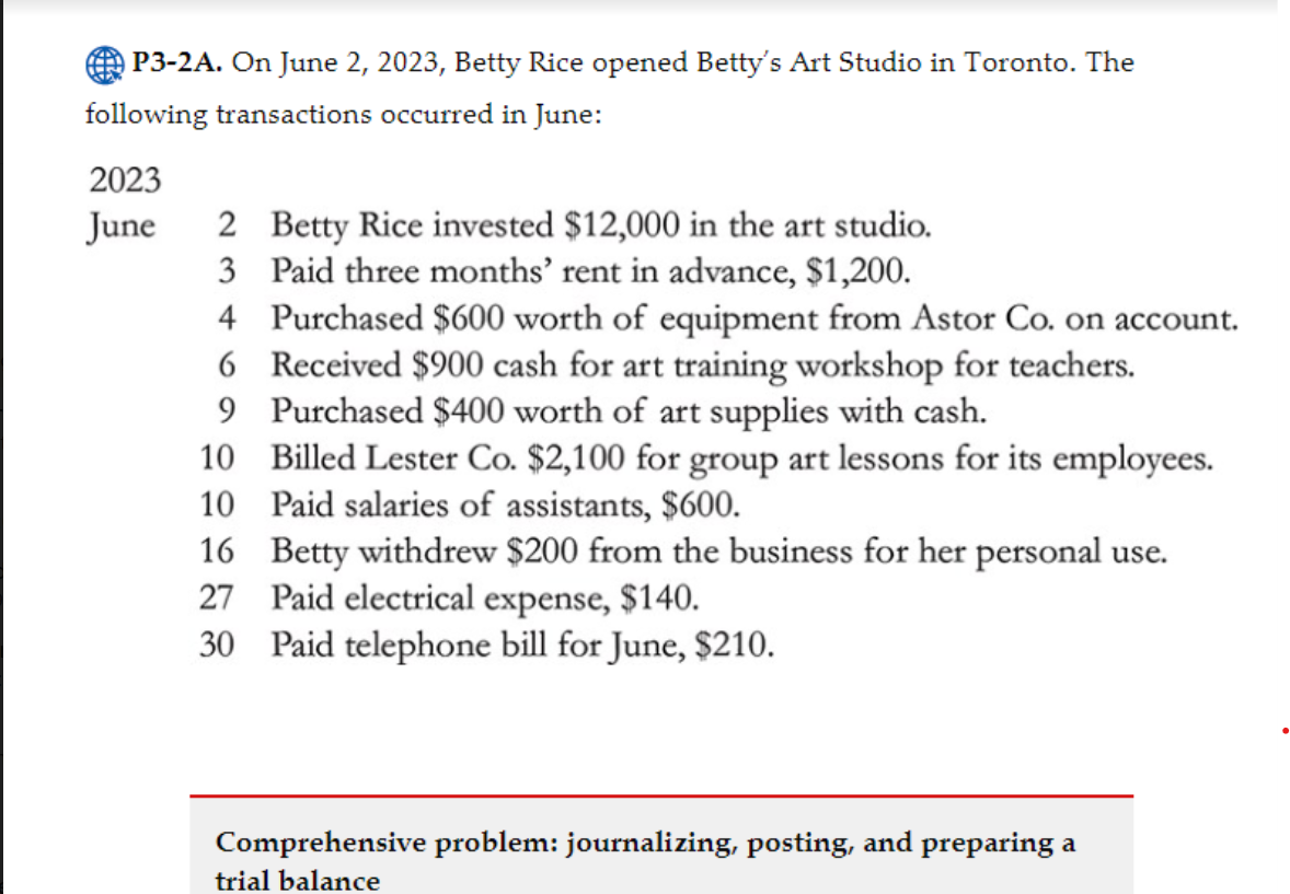  P3-2A. On June 2,2023, Betty Rice opened Betty's Art Studio in