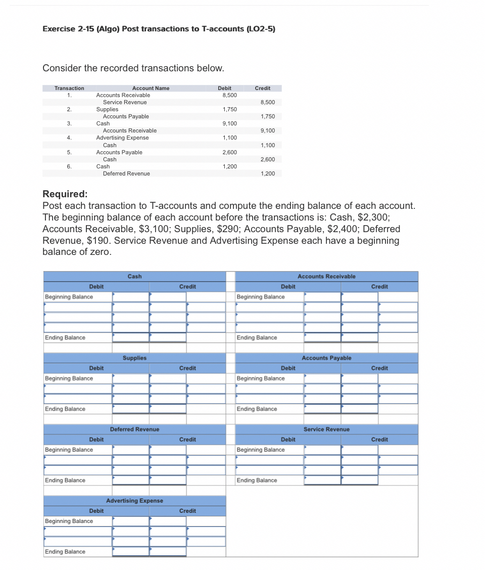  Exercise 2-15(Algo) Post transactions to T-accounts (LO2-5) Consider the recorded transactions