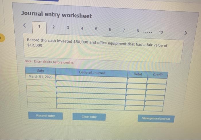 completed these activities during March 2020: March 1 Invested $50,000 in cash