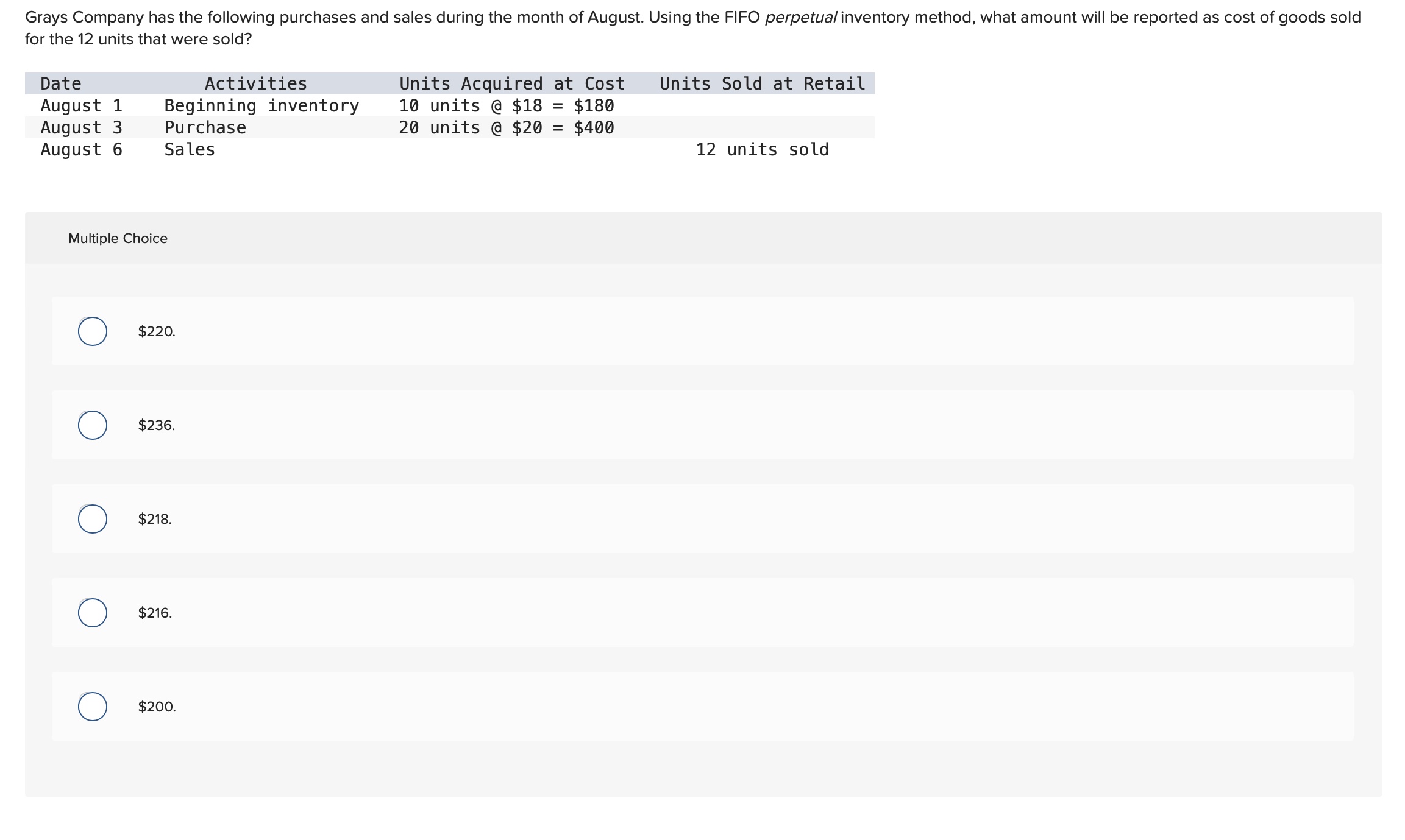 Multiple Choice $220. $236. $218. $216. $200