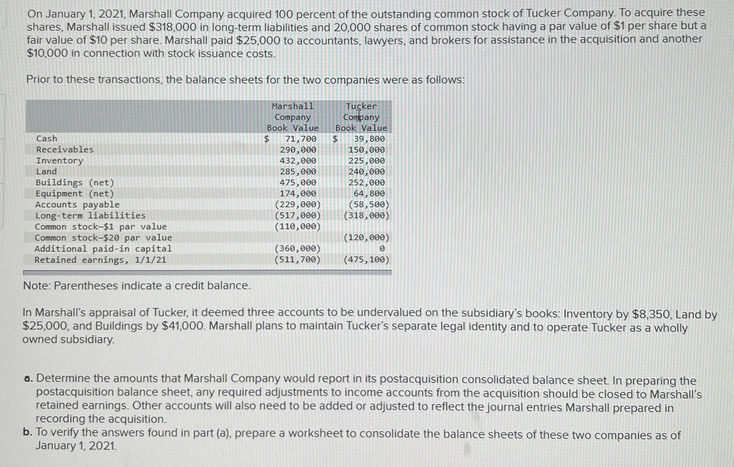  On January 1,2021, Marshall Company acquired 100 percent of the outstanding