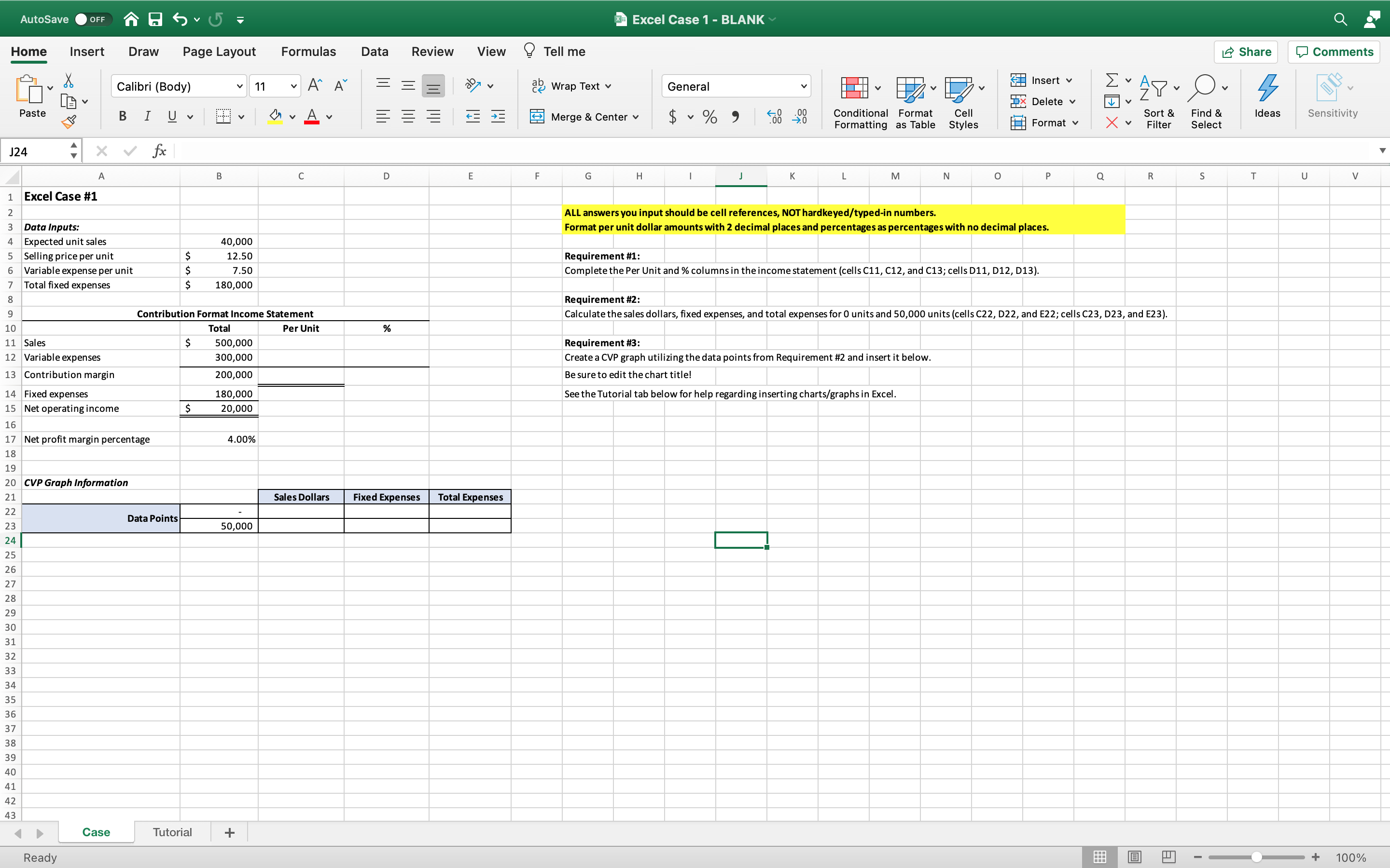  AutoSave Excel Case 1 - BLANK Home Insert Draw Page Layout
