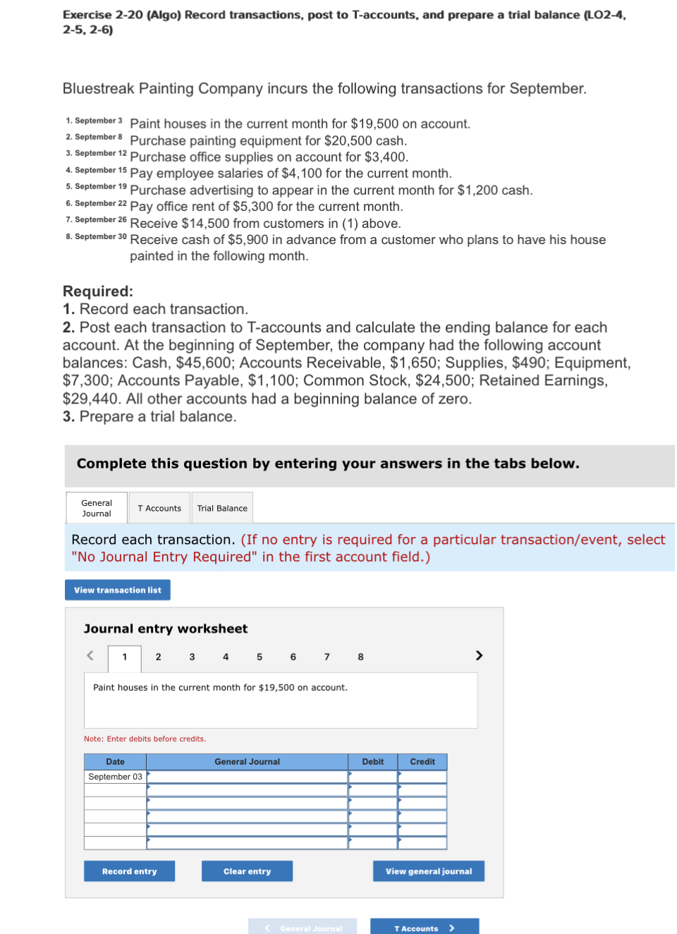  Exercise 2-20(Algo) Record transactions, post to T-accounts, and prepare a trial