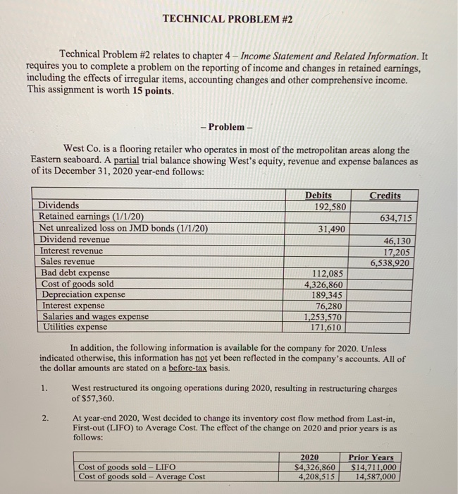 Help!! Please (Income Ststement and Changing Retained Earnings TECHNICAL PROBLEM #2 Technical