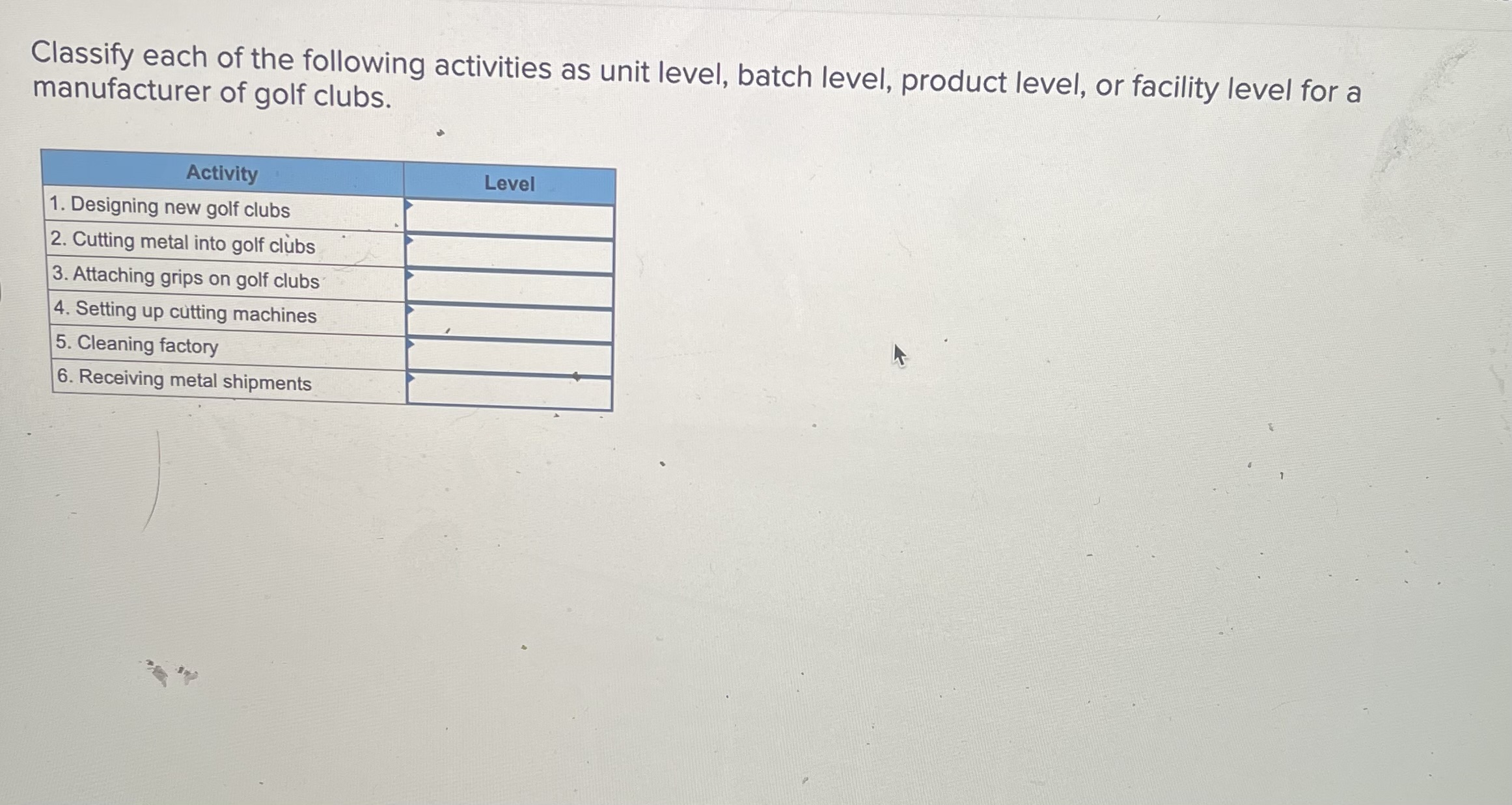  Classify each of the following activities as unit level, batch level,