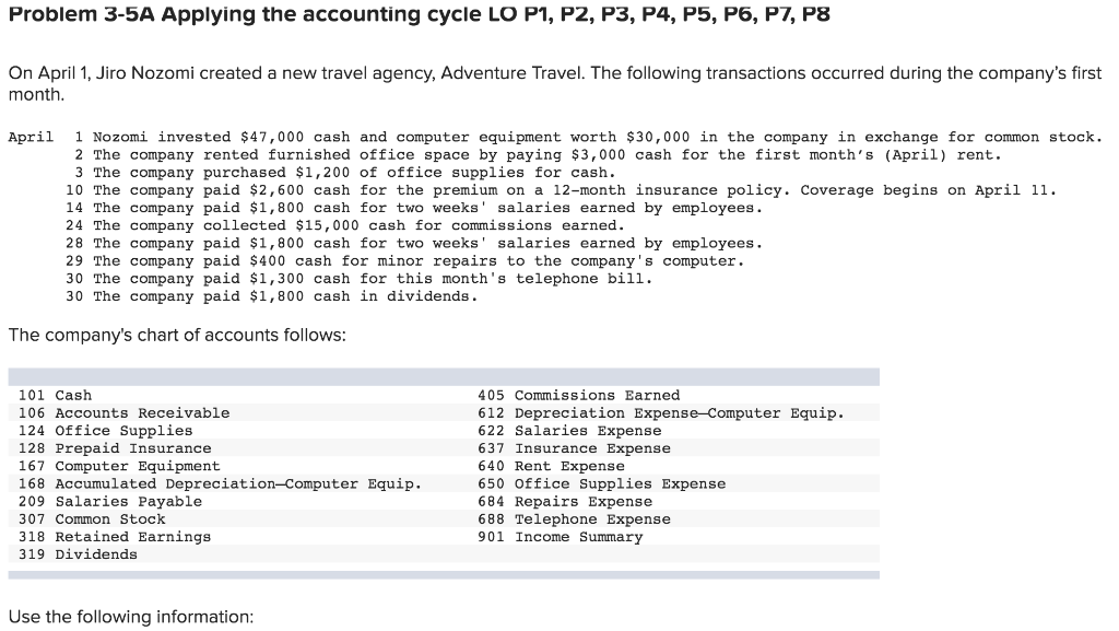 Problem 3-5A Applying the accounting cycle LO P1, P2, P3, P4,