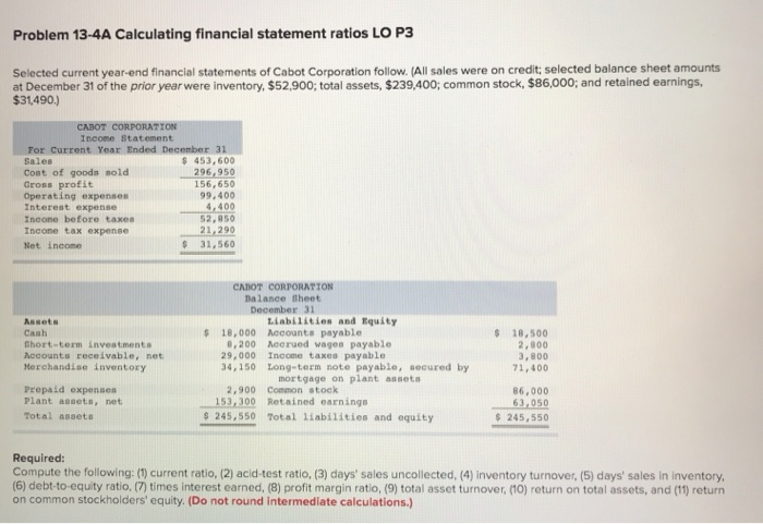  Problem 13-4A Calculating financial statement ratios LO P3 Selected current year-end