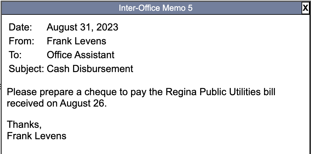 Levens To: Office Assistant Subject: Cash Disbursement Please prepare a cheque to