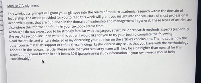  leadership Module 7 Assignment This week's assignment will grant you a