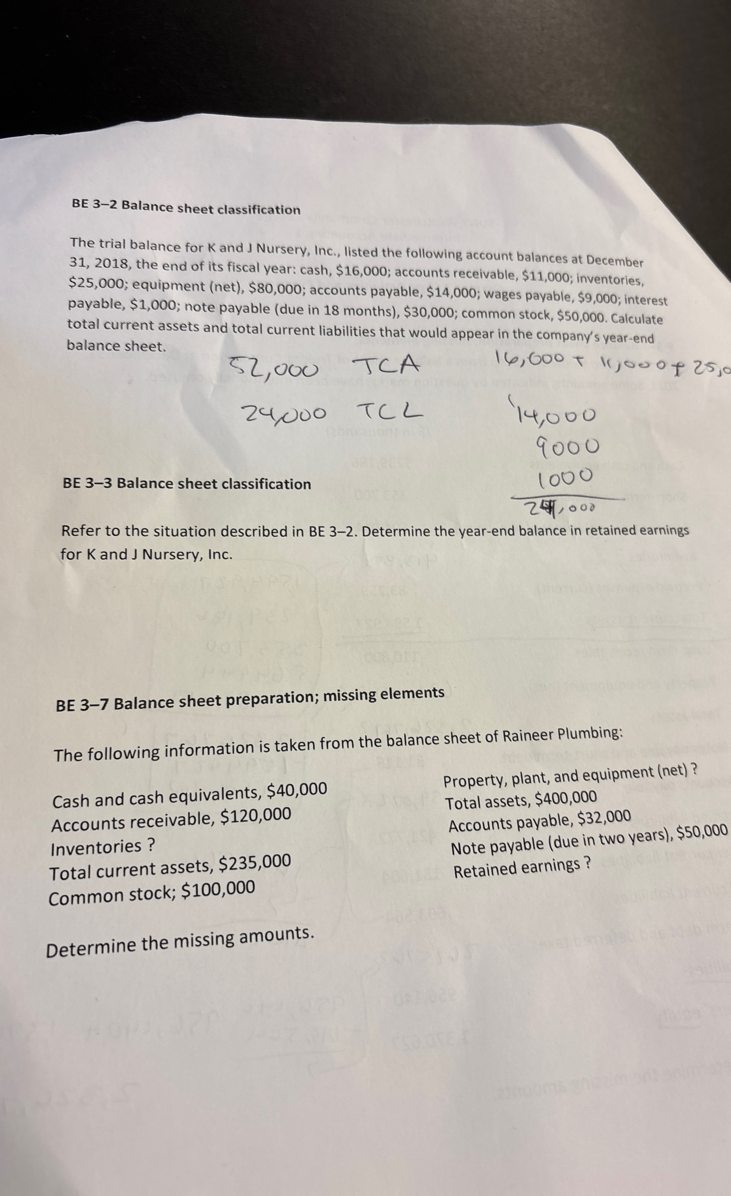  BE 3-2 Balance sheet classification The trial balance for K and
