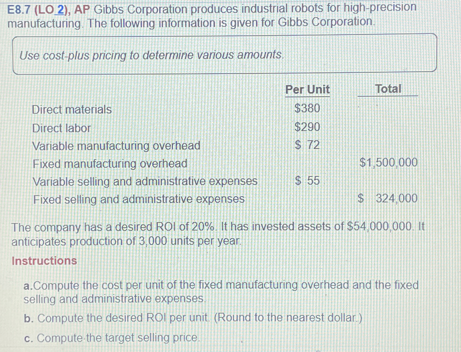 E8.7(LO 2), AP Gibbs Corporation produces industrial robots for high-precision manufacturing.