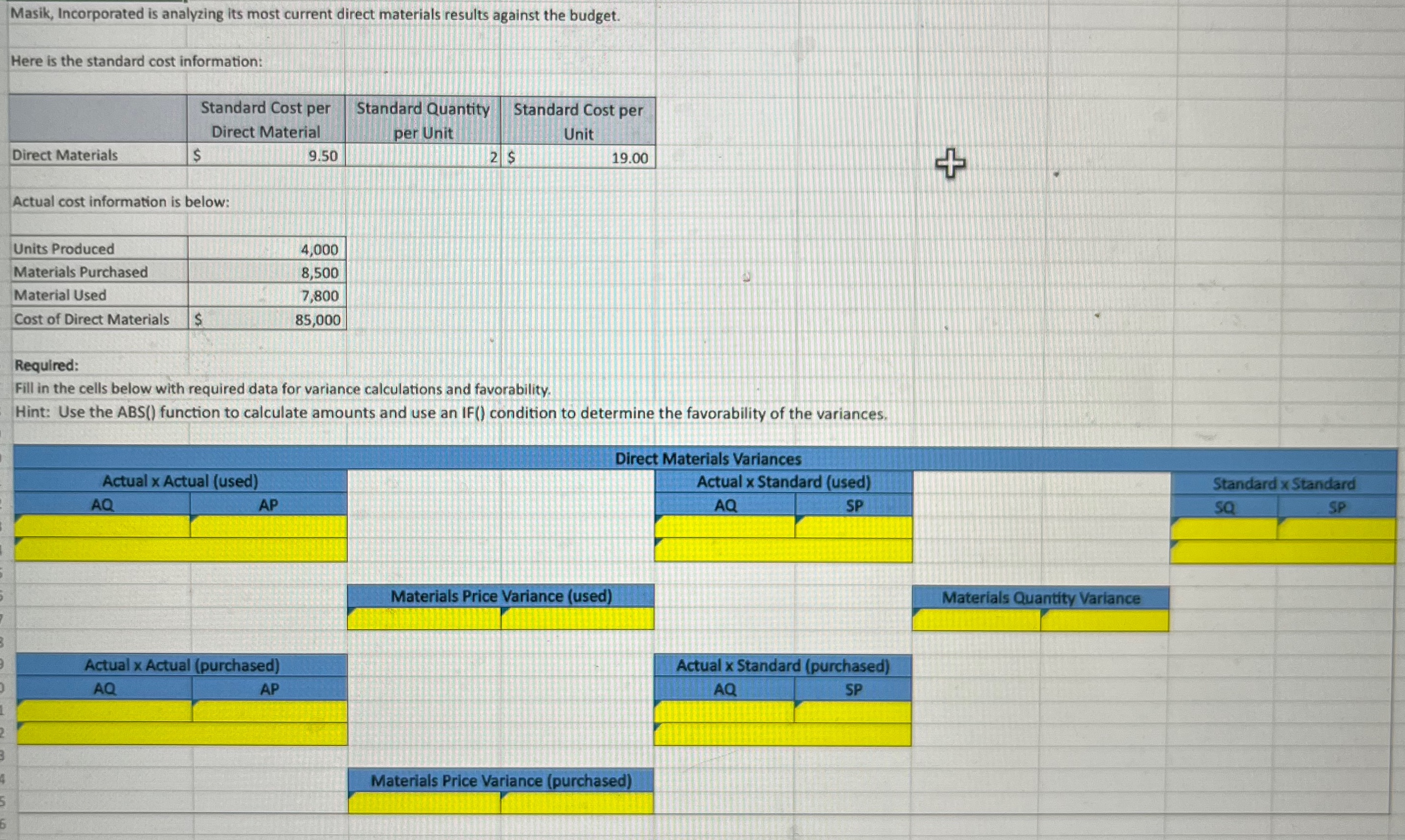  Masik, Incorporated is analyzing its most current direct materials results against