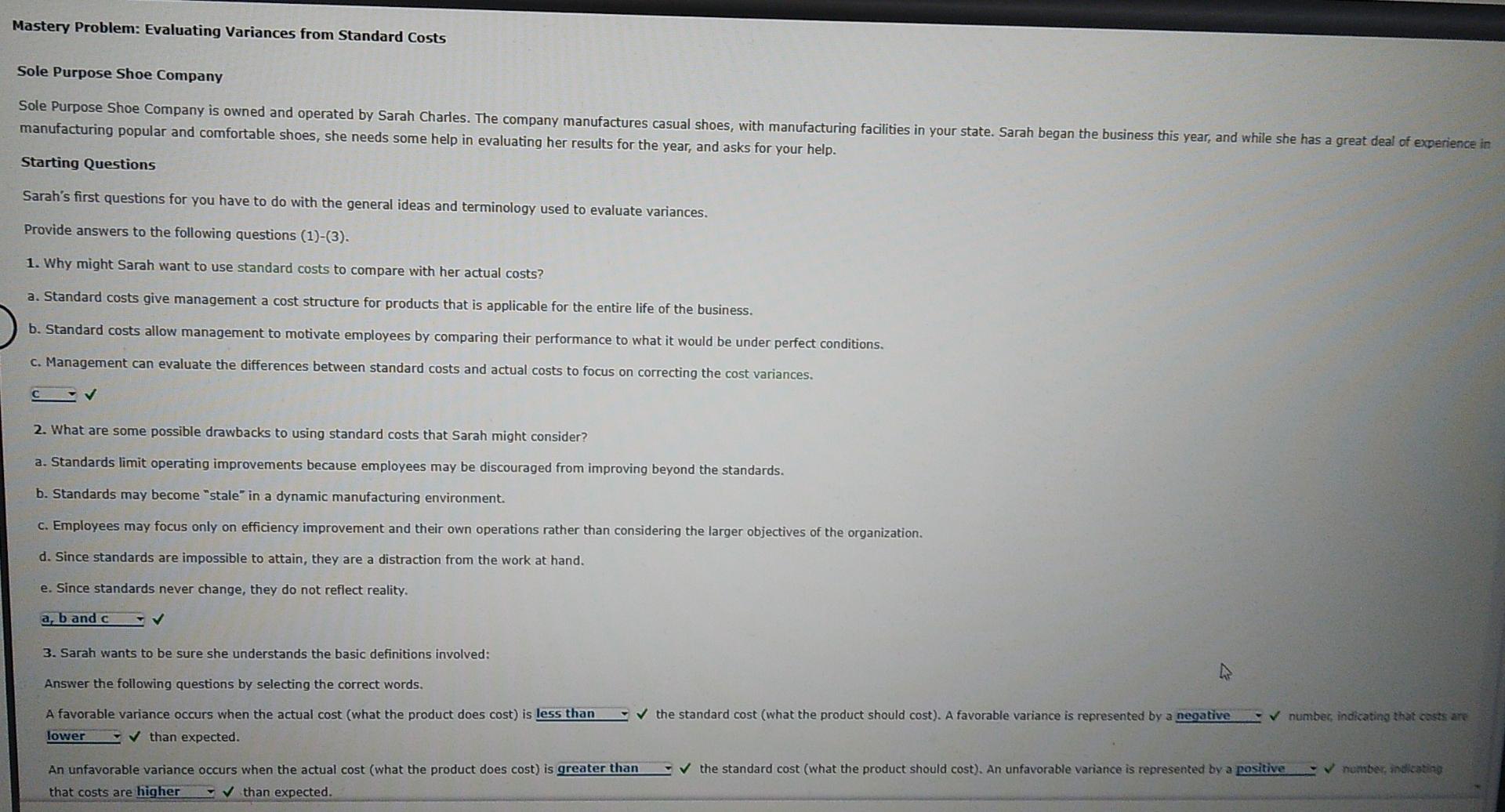  Mastery Problem: Evaluating Variances from Standard Costs Sole Purpose Shoe Company