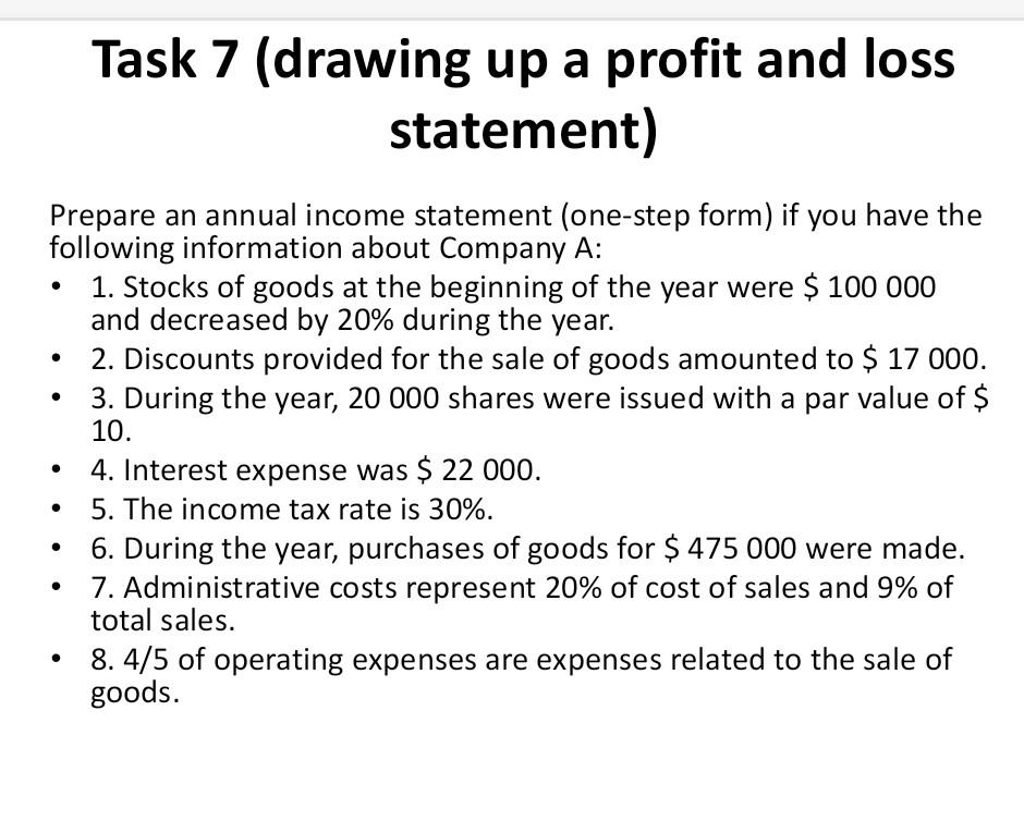 Task 7 (drawing up a profit and loss statement) Prepare an
