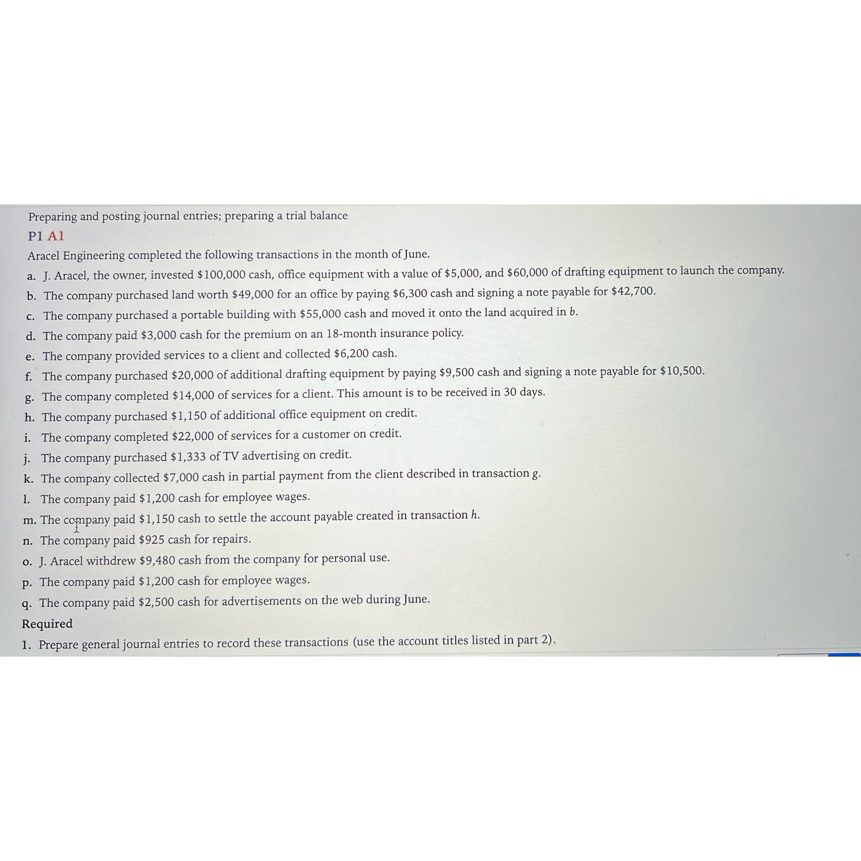  Preparing and posting journal entries; preparing a trial balance P1 A1