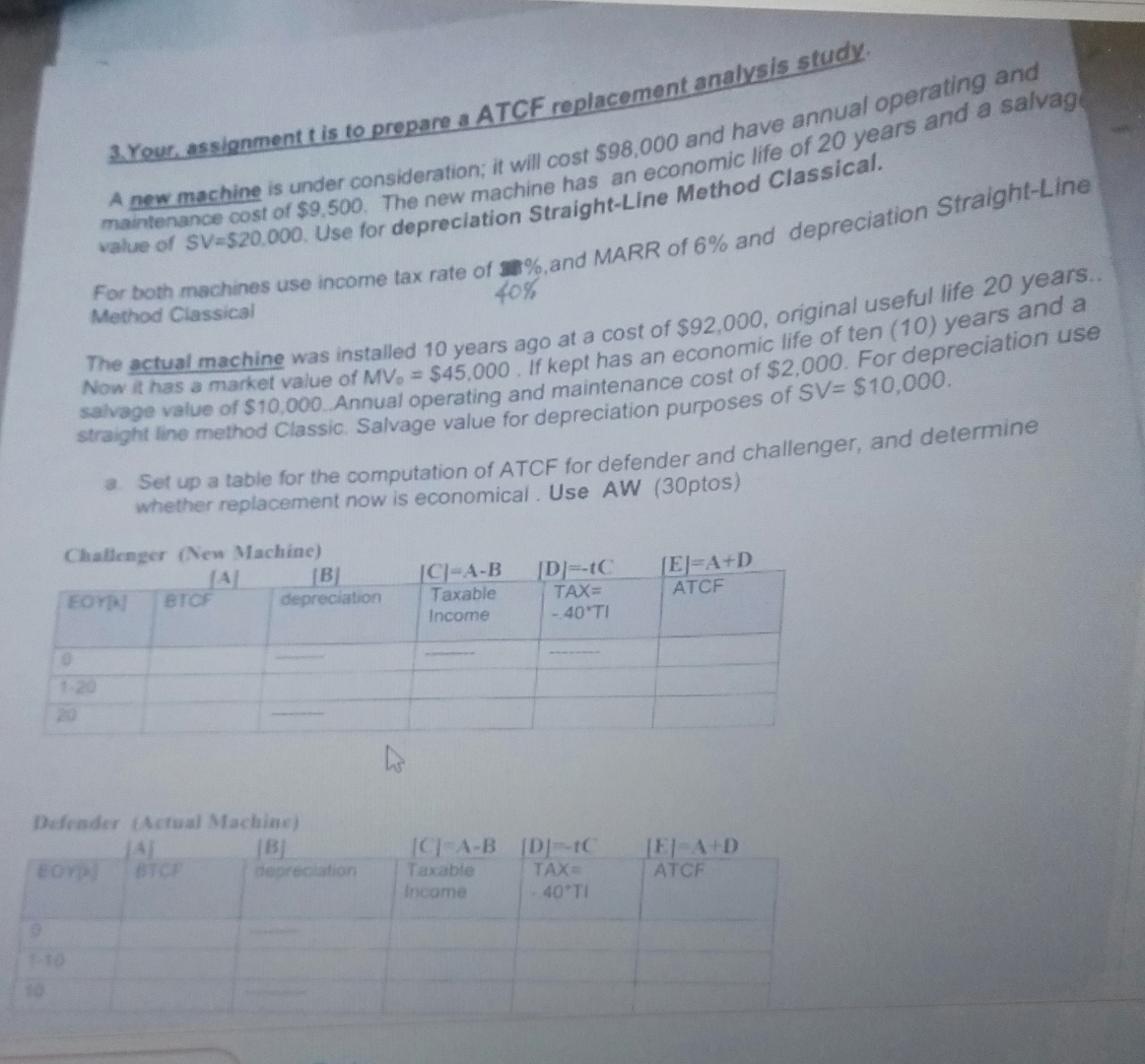  3 Your, assignment tis to prepare a ATCF replacement analysis study.