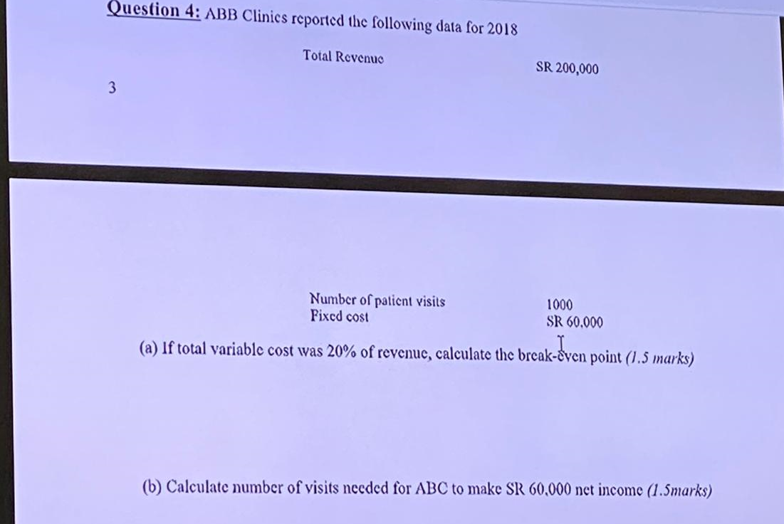  Question 4: ABB Clinics reported the following data for 2018 Total