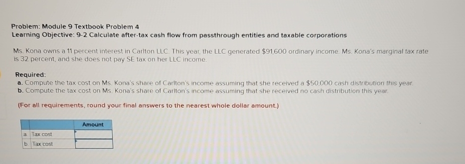  Problem: Module 9 Textbook Problem 4 Learning Objective: 9-2 Calculate after-tax
