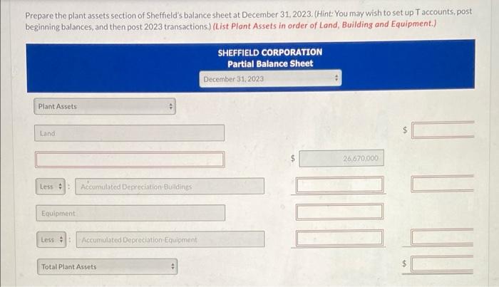 At December 31, 2022, Sheffield Corporation reported the following plant assets. Land