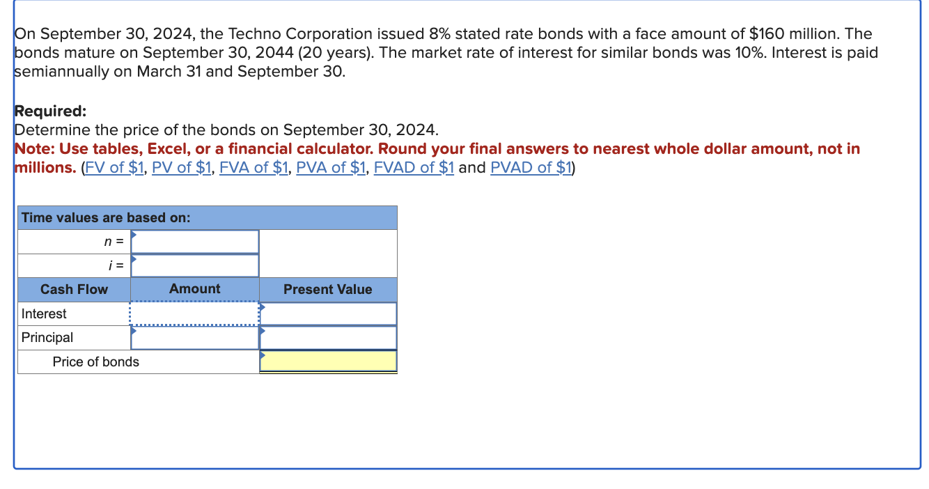  On September 30,2024, the Techno Corporation issued 8% stated rate bonds