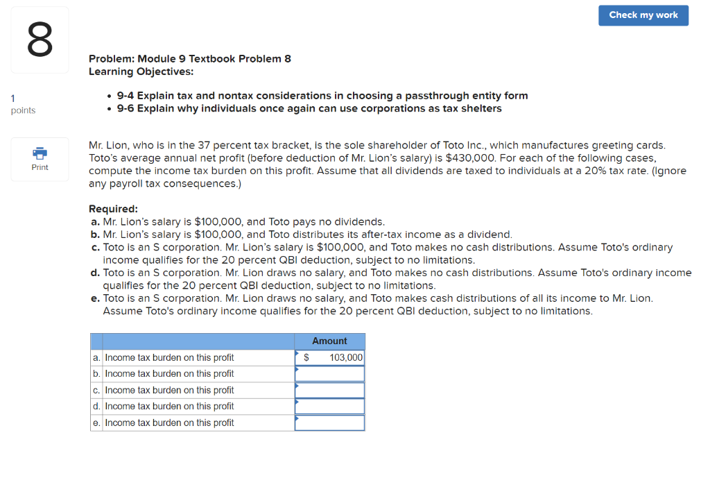  Check my work 00 Problem: Module 9 Textbook Problem 8 Learning
