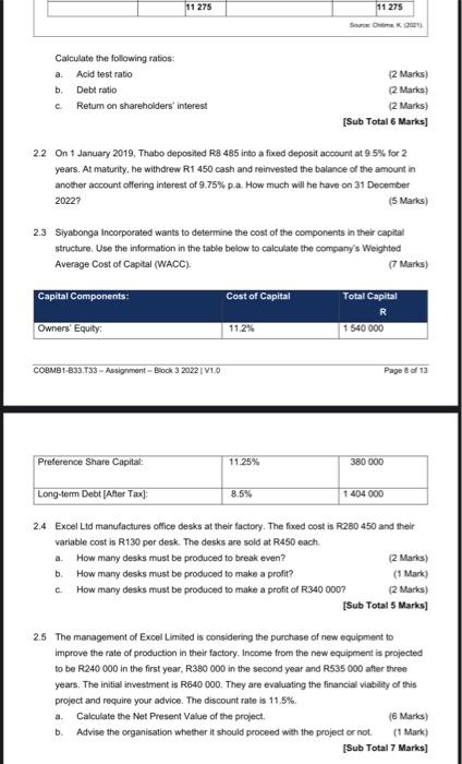 question that follows: Calculate the folowing ratios: a. Acid test ratio (2