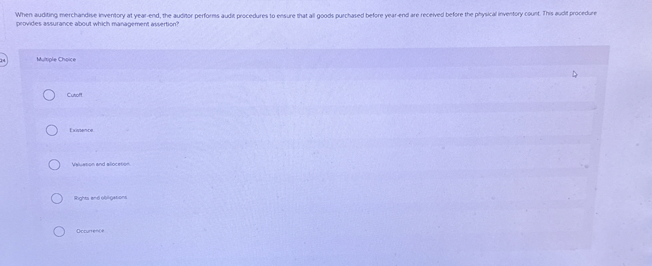  When auditing merchandise inventory at year-end, the auditor performs audit procedures
