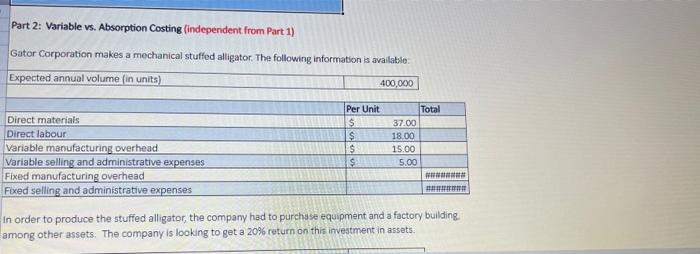  Part 2: Variable vs. Absorption Costing (independent from Part 1) Gator