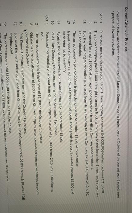  Current Attempt in Progress Presented below are selected transactions for Sarasota