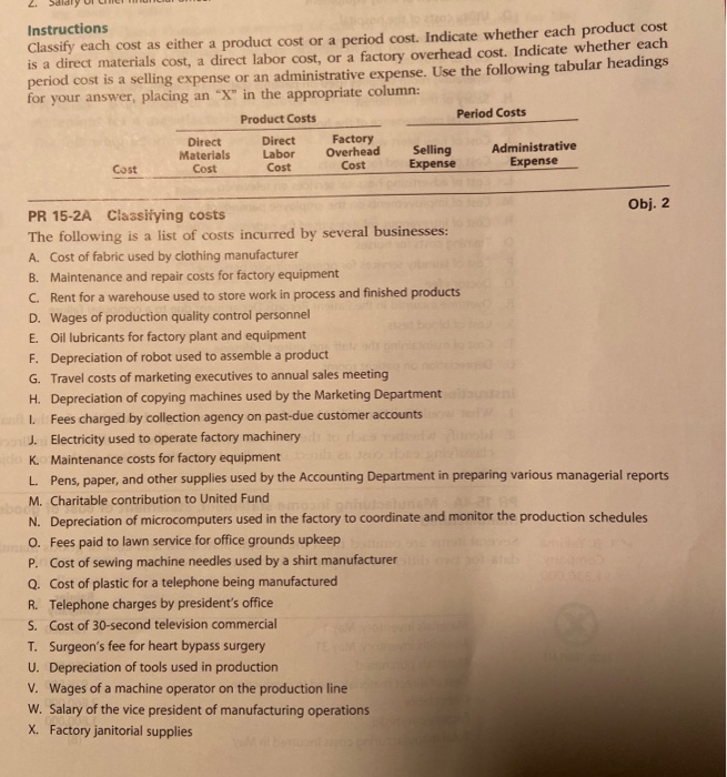  2. Saldly UI CICILIUM Instructions Classify each cost as either a
