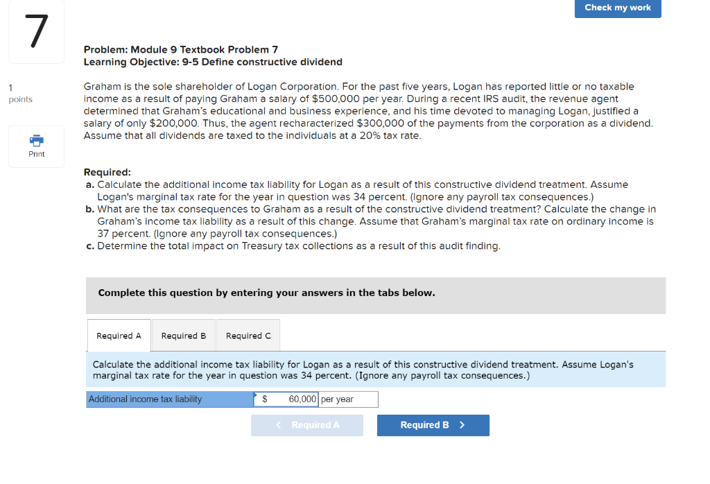  Check my work 7 Problem: Module 9 Textbook Problem 7 Learning