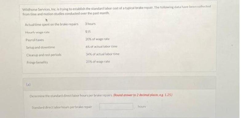  Widthone Services, inc is trying to establish the standard labor cost